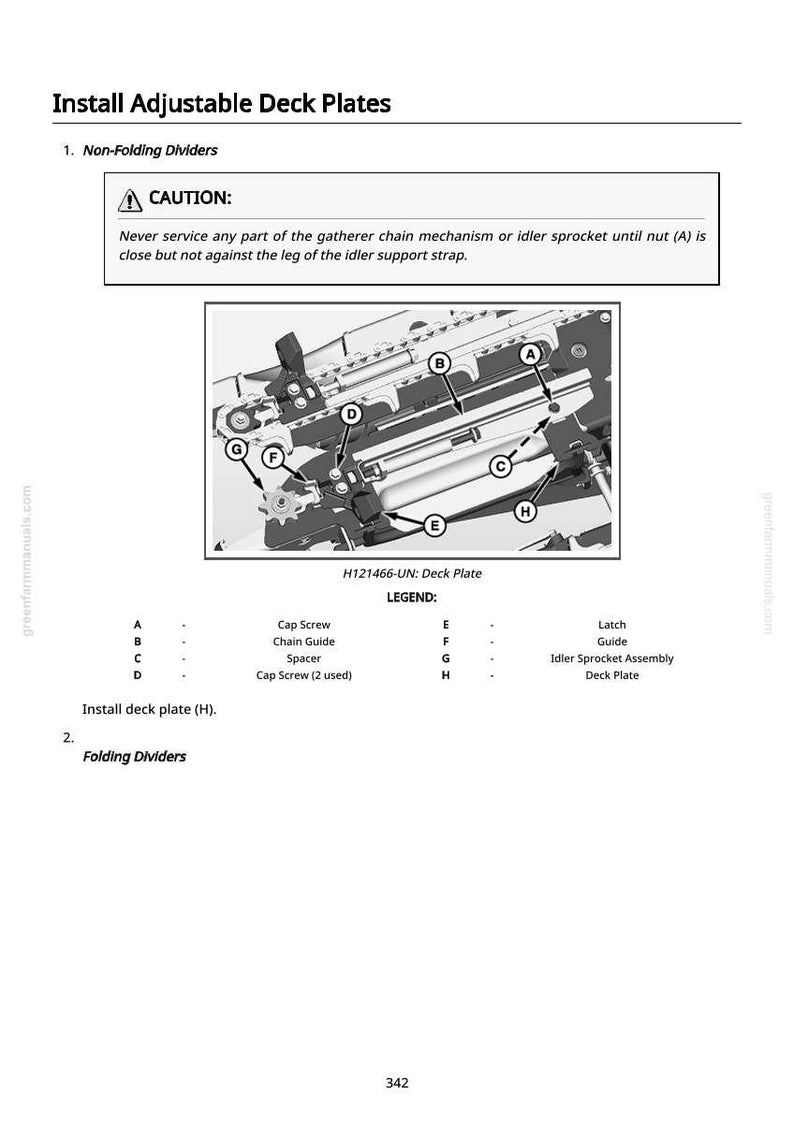 K&ouml;nnte beinhalten: Diagramm der einstellbaren Deckplatten mit den Bezeichnungen A bis H. Das Bild enth&auml;lt eine Warnung bez&uuml;glich der Wartung des Sammelkettensystems. Die Legende identifiziert Teile wie Schrauben, Kettenf&uuml;hrungen und die Leerlaufkettenradbaugruppe.