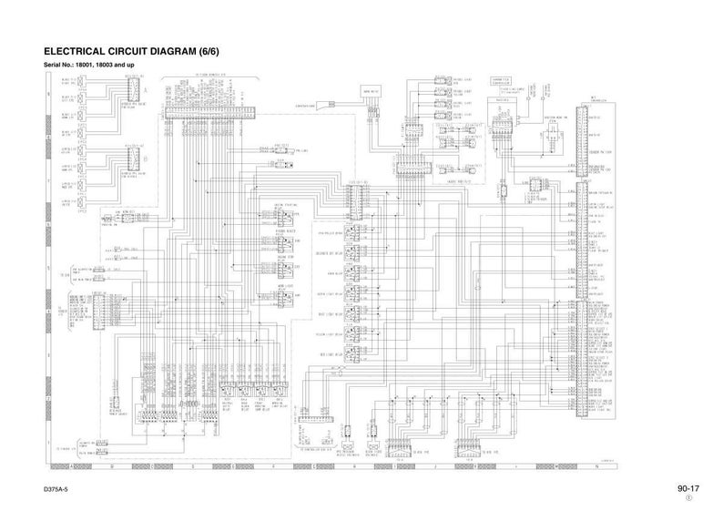 May include: Electrical circuit diagram (6/6) with serial numbers 18001 and 18003 and up. The diagram is a detailed illustration of electrical components and wiring, presented in black and white. The image includes text and a grid.