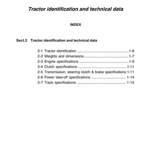 Op de afbeelding: Een pagina uit een handleiding getiteld "Tractor identificatie en technische gegevens". De pagina bevat een index met secties over tractor identificatie, gewichten, afmetingen, motorspecificaties, koppelspecificaties, etc. De pagina is wit met zwarte tekst.