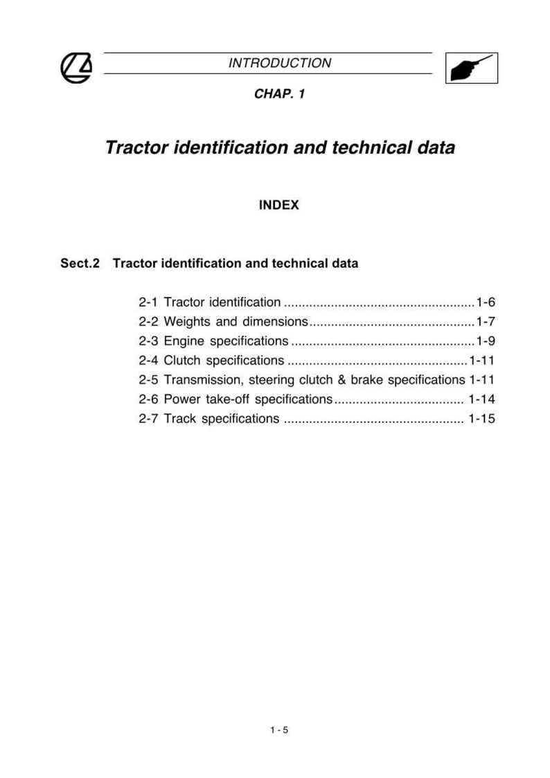 Op de afbeelding: Een pagina uit een handleiding getiteld "Tractor identificatie en technische gegevens". De pagina bevat een index met secties over tractor identificatie, gewichten, afmetingen, motorspecificaties, koppelspecificaties, etc. De pagina is wit met zwarte tekst.