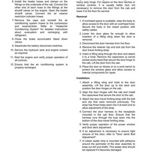 May include: Page from a truck cab and components manual, detailing procedures for cab door removal and installation. Includes numbered steps, diagrams, and safety instructions for automotive repair.