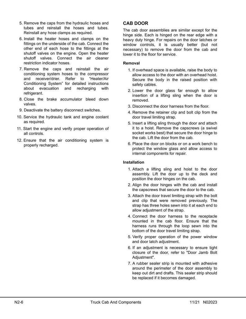 May include: Page from a truck cab and components manual, detailing procedures for cab door removal and installation. Includes numbered steps, diagrams, and safety instructions for automotive repair.