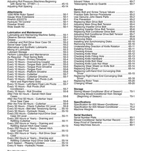 May include: A detailed table of contents from a manual, listing maintenance and service procedures for agricultural machinery. Includes sections on lubrication, adjustments, and troubleshooting, with page numbers for easy reference.