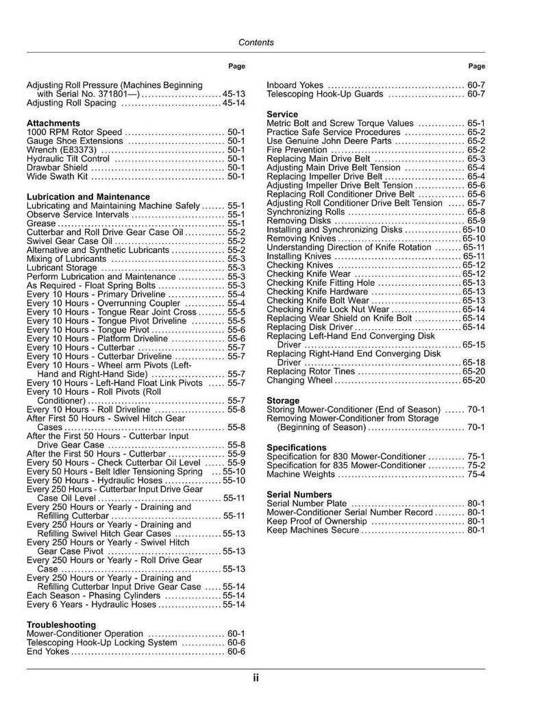 May include: A detailed table of contents from a manual, listing maintenance and service procedures for agricultural machinery. Includes sections on lubrication, adjustments, and troubleshooting, with page numbers for easy reference.