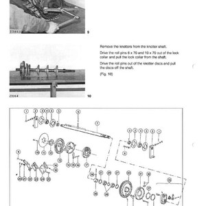 May include: Diagram of a knotting mechanism with detailed illustrations and labels. The image includes close-ups of components, diagrams, and text instructions for dismantling the knotter shaft. The text includes "Knotting mechanism" and "QUADRANT 1150 / 1150 RC".