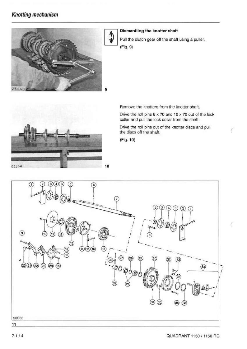 May include: Diagram of a knotting mechanism with detailed illustrations and labels. The image includes close-ups of components, diagrams, and text instructions for dismantling the knotter shaft. The text includes "Knotting mechanism" and "QUADRANT 1150 / 1150 RC".