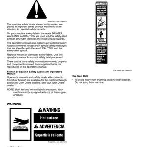 May include: A page from an operator's manual detailing safety labels. The text includes warnings about potential hazards, the use of seat belts, and hot surfaces. The page features illustrations and text in English and Spanish.