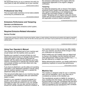 May include: A page from a John Deere product manual, titled "Introduction." The text includes information on product use, emissions, and safety. The manual is for professional use and includes instructions for operation and maintenance.