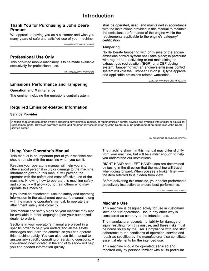 May include: A page from a John Deere product manual, titled "Introduction." The text includes information on product use, emissions, and safety. The manual is for professional use and includes instructions for operation and maintenance.