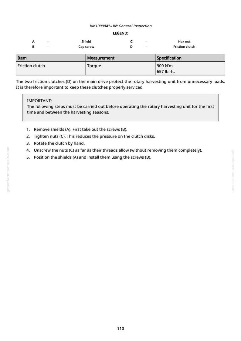 May include: A page from a manual with the title "KM1000041-UN: General Inspection". It includes a table with specifications for a friction clutch, including torque measurements of 900 N&middot;m and 657 lb-ft. Instructions for servicing are also provided.