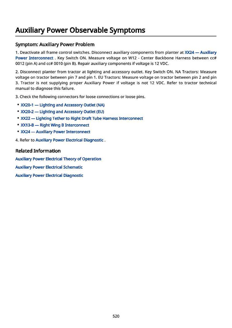 May include: A white page with black text detailing observable symptoms of an auxiliary power problem. The text includes troubleshooting steps, connector checks, and related information about electrical diagnostics and schematics.