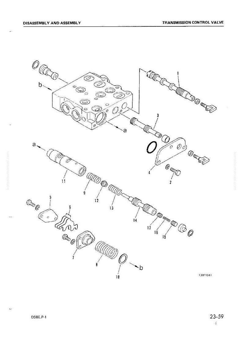 May include: An exploded diagram of a transmission control valve, showing various components labeled with numbers and letters. The diagram includes a valve body, springs, bolts, and other mechanical parts, with the text "DISASSEMBLY AND ASSEMBLY" and "TRANSMISSION CONTROL VALVE".