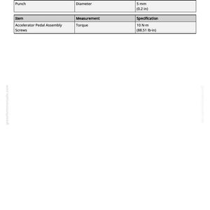 May include: A specifications table showing measurements for items. The "Punch" has a diameter of 5 mm, and the "Accelerator Pedal Assembly Screws" have a torque of 10 N-m. The title of the table is "Specifications".