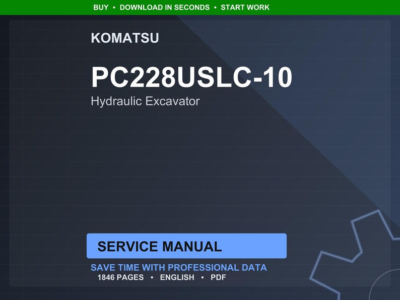 Pode incluir: Manual de servi&ccedil;o digital para uma escavadeira hidr&aacute;ulica Komatsu PC228USLC-10. O t&iacute;tulo est&aacute; em texto branco grande sobre um fundo azul escuro. O manual inclui 1846 p&aacute;ginas de dados profissionais.
