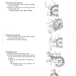 May include: Diagram of a machine's track disassembly and assembly process. The image includes step-by-step instructions with illustrations, including shoe bolts, master links, and track spreading. The text includes measurements in millimeters.
