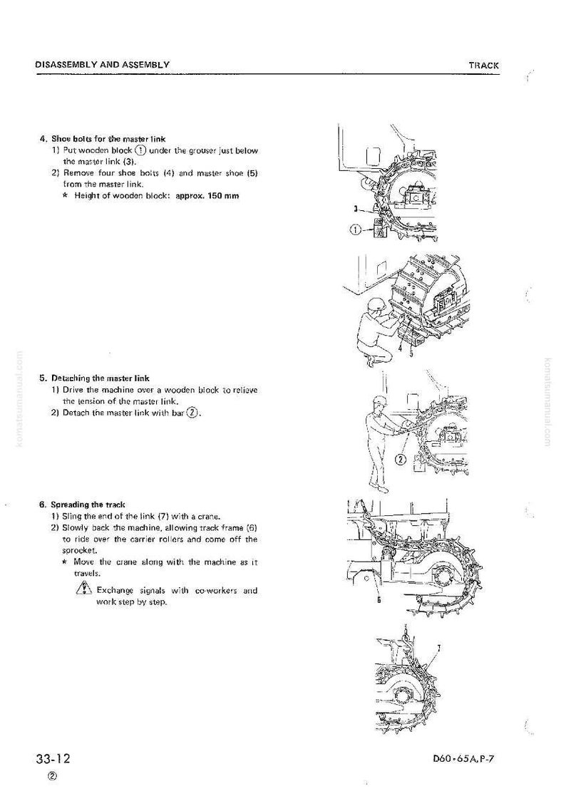 May include: Diagram of a machine's track disassembly and assembly process. The image includes step-by-step instructions with illustrations, including shoe bolts, master links, and track spreading. The text includes measurements in millimeters.