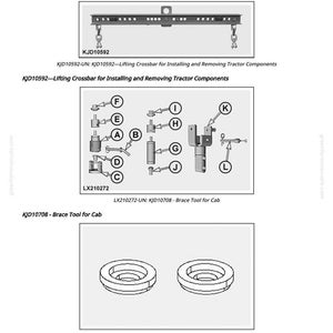 May include: Diagram of tools for installing and removing tractor components. Includes a lifting crossbar, brace tool, and adapter disks. Text includes "Operator's Cab - Installation and Removal of Components, Special Tools."