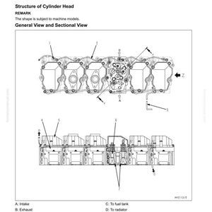 May include: Diagram of an engine cylinder head, labeled with parts such as the cylinder head bolt, coolant air tube, and fuel spill tube. The image includes the text "Engine Main Body Parts" and "Structure of Cylinder Head."