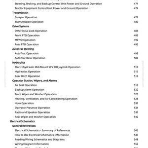 May include: A page from a manual with a table of contents. The text includes topics like "JDLink Power and Ground Operation", "Transmission", "Drive Systems", and "Electrical Schematics". Page numbers are listed on the right.