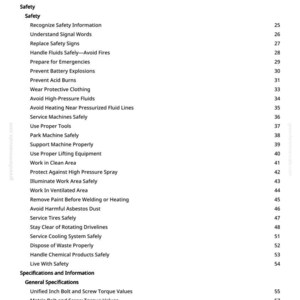 May include: A white page with a black table of contents for a manual. The table lists safety topics such as handling fluids, preventing explosions, and using proper tools. Page numbers are listed on the right.