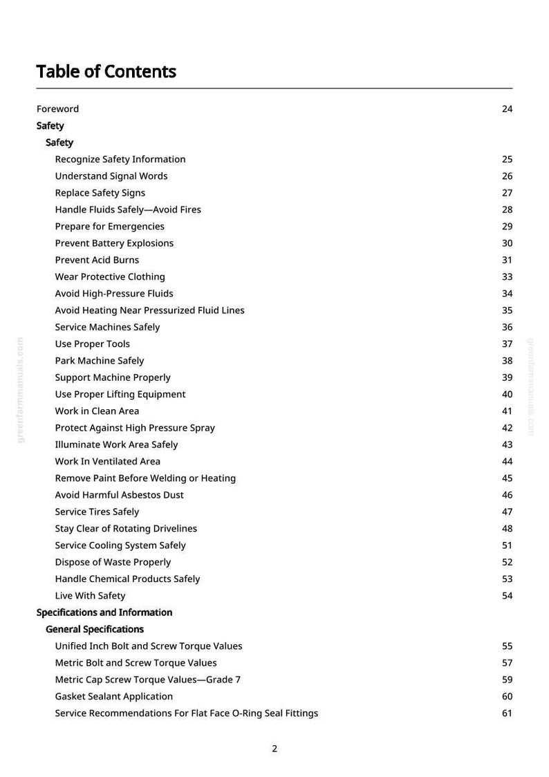 May include: A white page with a black table of contents for a manual. The table lists safety topics such as handling fluids, preventing explosions, and using proper tools. Page numbers are listed on the right.