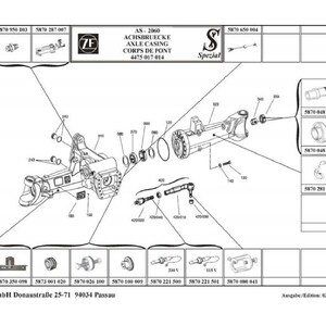 K&ouml;nnte beinhalten: Technische Zeichnung eines Achsgeh&auml;uses, bezeichnet als AS-2060, mit verschiedenen Komponenten und Teilenummern. Das Bild enth&auml;lt Text in Deutsch und Englisch, mit einem Reparaturhandbuch-Titel auf der rechten Seite. Die Zeichnung ist in Schwarzwei&szlig;.