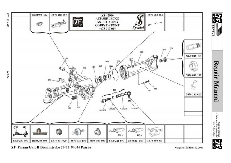 K&ouml;nnte beinhalten: Technische Zeichnung eines Achsgeh&auml;uses, bezeichnet als AS-2060, mit verschiedenen Komponenten und Teilenummern. Das Bild enth&auml;lt Text in Deutsch und Englisch, mit einem Reparaturhandbuch-Titel auf der rechten Seite. Die Zeichnung ist in Schwarzwei&szlig;.