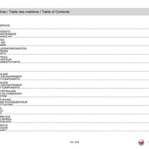 May include: A white and gray document titled "Inhaltsverzeichnis / Table des mati&egrave;res / Table of Contents" with a list of service kit and engine parts. The document includes page numbers and the Weidemann logo.