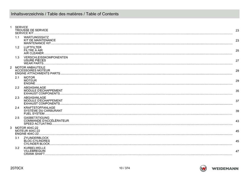 May include: A white and gray document titled "Inhaltsverzeichnis / Table des mati&egrave;res / Table of Contents" with a list of service kit and engine parts. The document includes page numbers and the Weidemann logo.