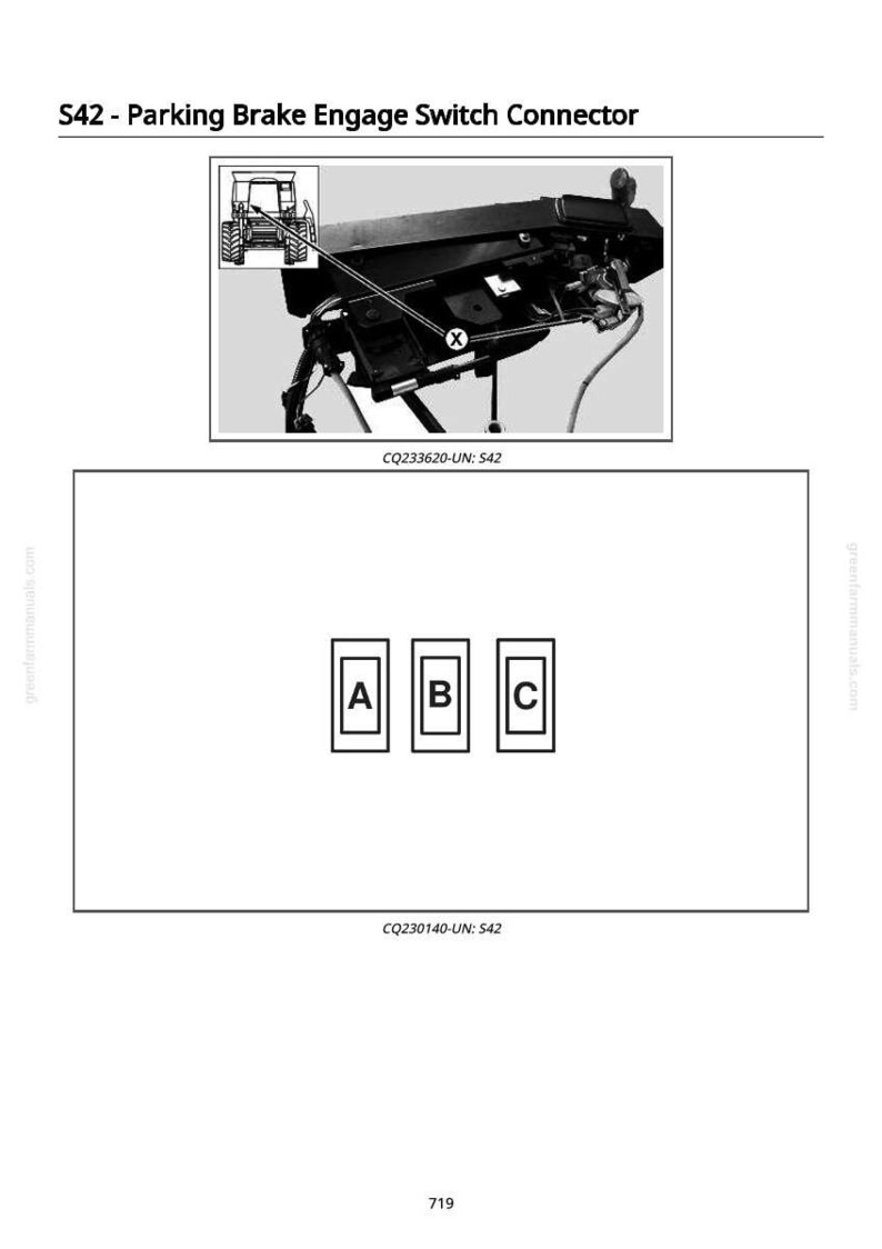 May include: Diagram of a parking brake engage switch connector, labeled S42. The image includes a detailed illustration of the connector and a diagram with three labeled boxes: A, B, and C. The text "CQ233620-UN: S42" and "CQ230140-UN: S42" are also present.