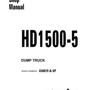 Op de afbeelding: Een witte shop manual cover met zwarte tekst. De titel "Shop Manual" staat bovenaan, met "HD1500-5" in grote, vette letters. Daaronder staat "DUMP TRUCK" en "SERIAL NUMBERS A30079 & UP". Het Komatsu-logo staat onderaan.