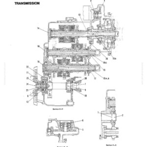 Op de afbeelding: Een gedetailleerde technische tekening van een transmissiesysteem, gelabeld met nummers en doorsneden. Het diagram bevat de tekst "MAINTENANCE STANDARD" en "TRANSMISSION". Het paginanummer "24-6" is zichtbaar.