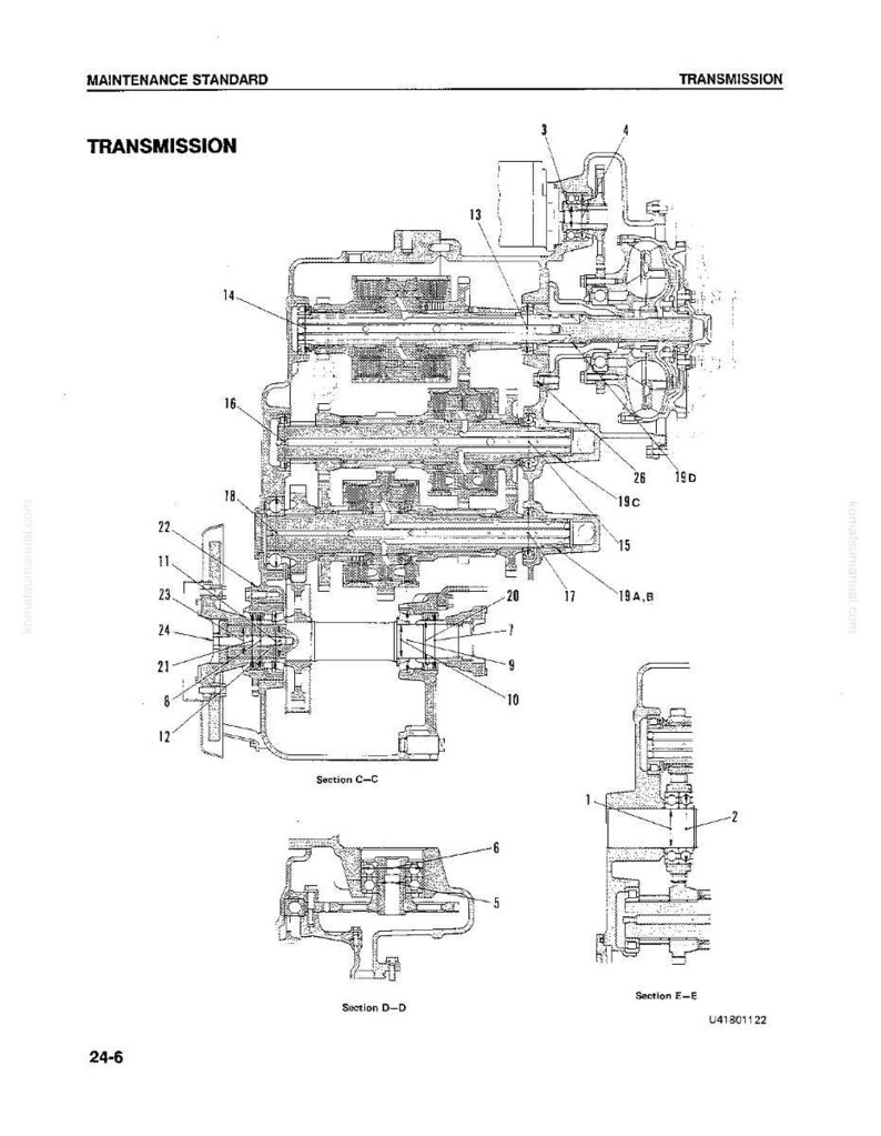 Op de afbeelding: Een gedetailleerde technische tekening van een transmissiesysteem, gelabeld met nummers en doorsneden. Het diagram bevat de tekst "MAINTENANCE STANDARD" en "TRANSMISSION". Het paginanummer "24-6" is zichtbaar.