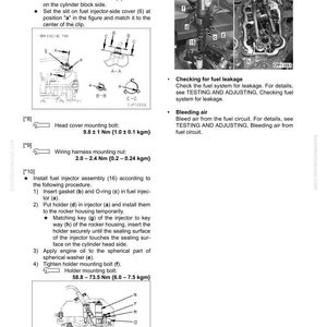 May include: Diagram of fuel injector disassembly and assembly, with detailed instructions and labeled components. Includes torque specifications for bolts and nuts in Newton-meters and kilogram-meters. Also shows a photo of the fuel injector.
