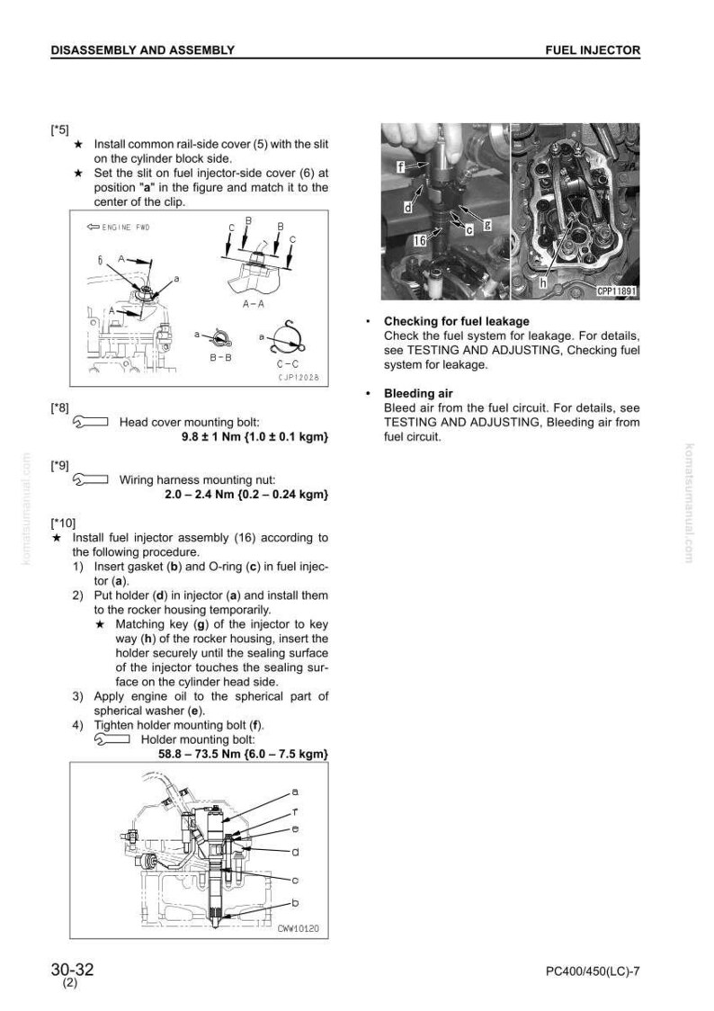 May include: Diagram of fuel injector disassembly and assembly, with detailed instructions and labeled components. Includes torque specifications for bolts and nuts in Newton-meters and kilogram-meters. Also shows a photo of the fuel injector.