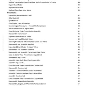 May include: A detailed table of contents from a manual, listing specifications and procedures for transmission repair. The text includes topics like disengaging the park brake, replacing seals, and disassembling components. The page number is 8.
