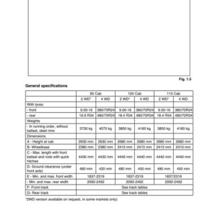 May include: A detailed chart titled "Weights and dimensions" from a tractor identification manual. The chart provides specifications for different tractor models, including tire sizes, weights in kilograms, and dimensions in millimeters.
