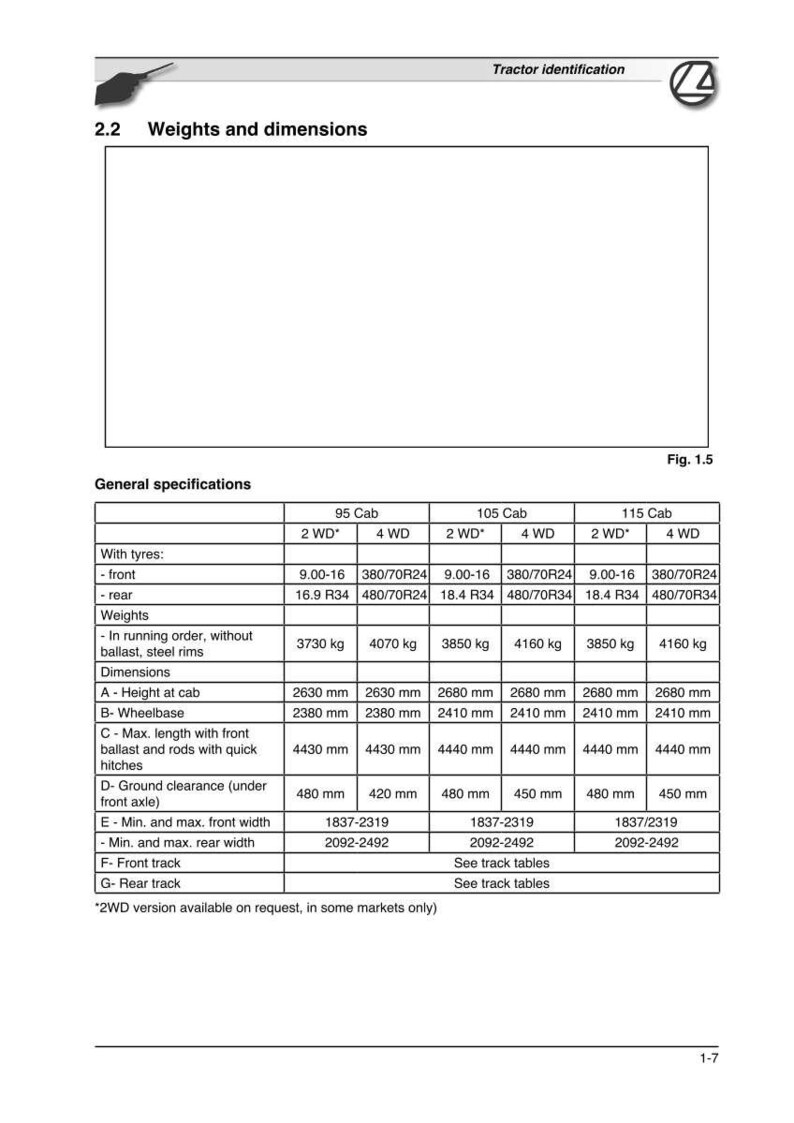 May include: A detailed chart titled "Weights and dimensions" from a tractor identification manual. The chart provides specifications for different tractor models, including tire sizes, weights in kilograms, and dimensions in millimeters.
