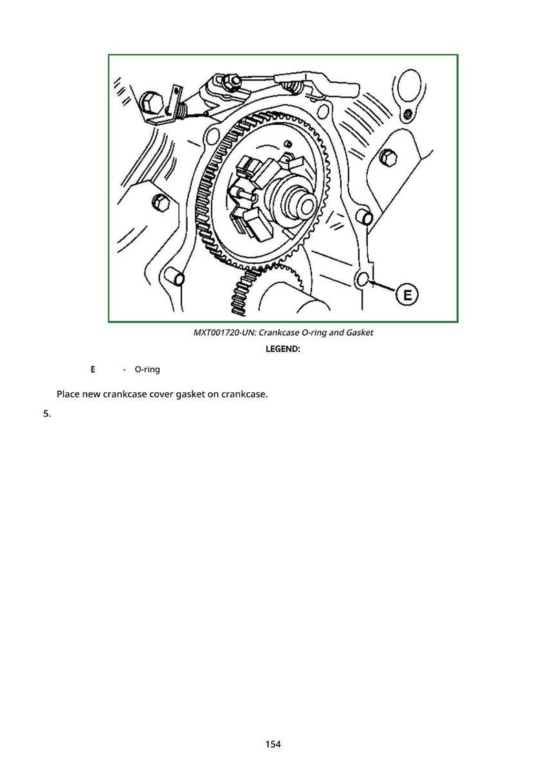 May include: Line drawing of an engine component with a gear, labeled "MXT001720-UN: Crankcase O-ring and Gasket." The image includes the text "Place new crankcase cover gasket on crankcase."