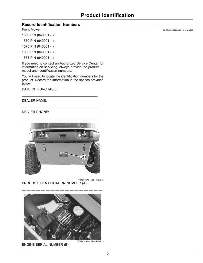 Pu&ograve; includere: Una guida all'identificazione del prodotto con sezioni per la registrazione dei numeri di identificazione, inclusi i PIN per un tosaerba frontale. La guida include spazi per la data di acquisto, il nome del rivenditore e il numero di telefono. Sono incluse immagini del tosaerba e del motore.