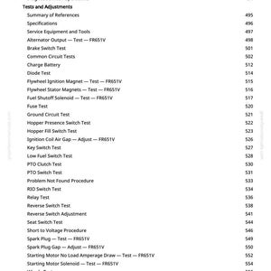 May include: A white page with a list of automotive tests and adjustments, including "Main Wiring Schematic," "Diagnosis," and "Tests and Adjustments." The page also includes a table of contents with page numbers.