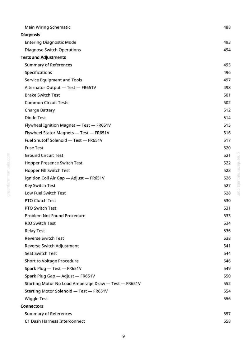 May include: A white page with a list of automotive tests and adjustments, including "Main Wiring Schematic," "Diagnosis," and "Tests and Adjustments." The page also includes a table of contents with page numbers.