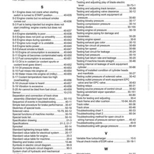 Pu&ograve; includere: Una pagina di indice dettagliata da un manuale Komatsu, con un elenco completo di termini tecnici e procedure di risoluzione dei problemi per macchinari. La pagina include varie sezioni e sottosezioni, con riferimenti ai numeri di pagina.