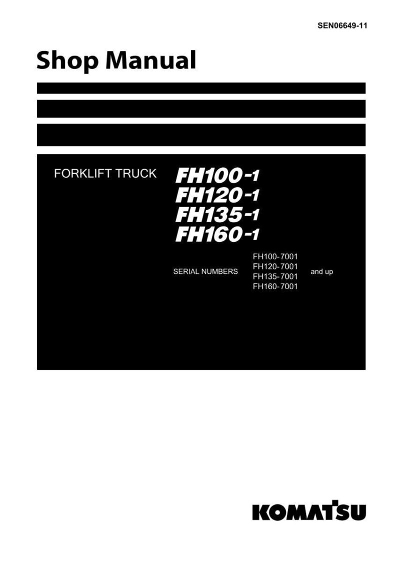 Peut inclure: Manuel d'atelier noir et blanc pour chariots &eacute;l&eacute;vateurs. Le manuel comprend le texte "Shop Manual" en haut et le logo Komatsu en bas. Le manuel r&eacute;pertorie les num&eacute;ros de mod&egrave;le FH100-1, FH120-1, FH135-1 et FH160-1.
