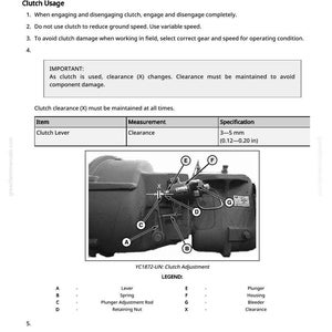 May include: Diagram of a clutch adjustment with labeled parts, including a lever, spring, and plunger adjustment rod. Specifications for clutch clearance are provided in millimeters and inches. Text includes instructions for clutch usage and maintenance.