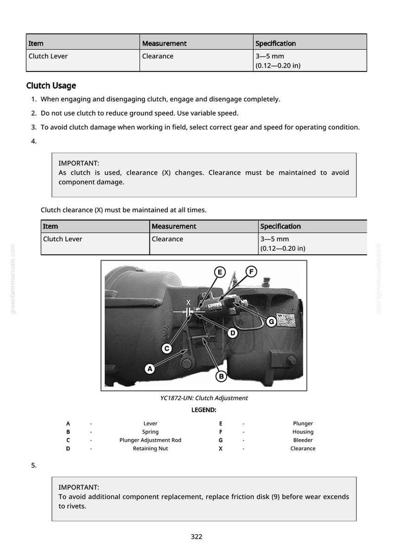 May include: Diagram of a clutch adjustment with labeled parts, including a lever, spring, and plunger adjustment rod. Specifications for clutch clearance are provided in millimeters and inches. Text includes instructions for clutch usage and maintenance.