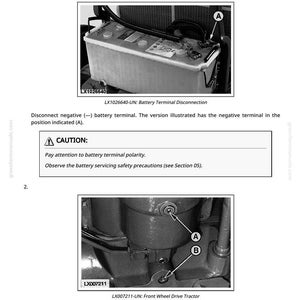 May include: A page from a manual with instructions on removing a PTO. The image shows a battery terminal disconnection and a front wheel drive tractor drain screw. Text includes "CAUTION" and "Remove PTO".