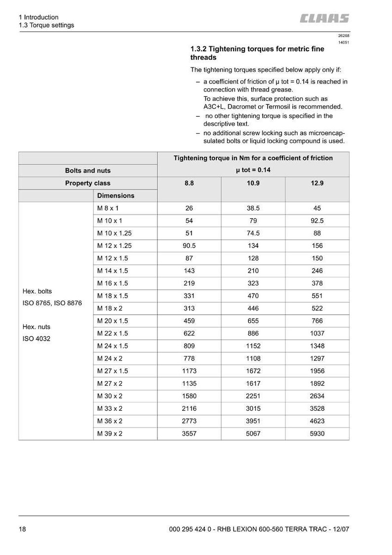 May include: A white technical document with black text detailing tightening torques for metric fine threads. The document includes tables with bolt and nut dimensions, property class, and torque values in Newton meters.