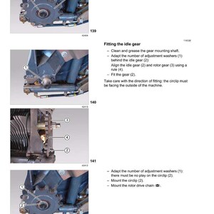 May include: Diagram of a CLAAS 21 Feeder unit and 21 25 Rotor, with detailed instructions for assembly. The image shows close-ups of mechanical components, including gears, circlips, and sprockets. Text provides step-by-step guidance for fitting the idle gear.