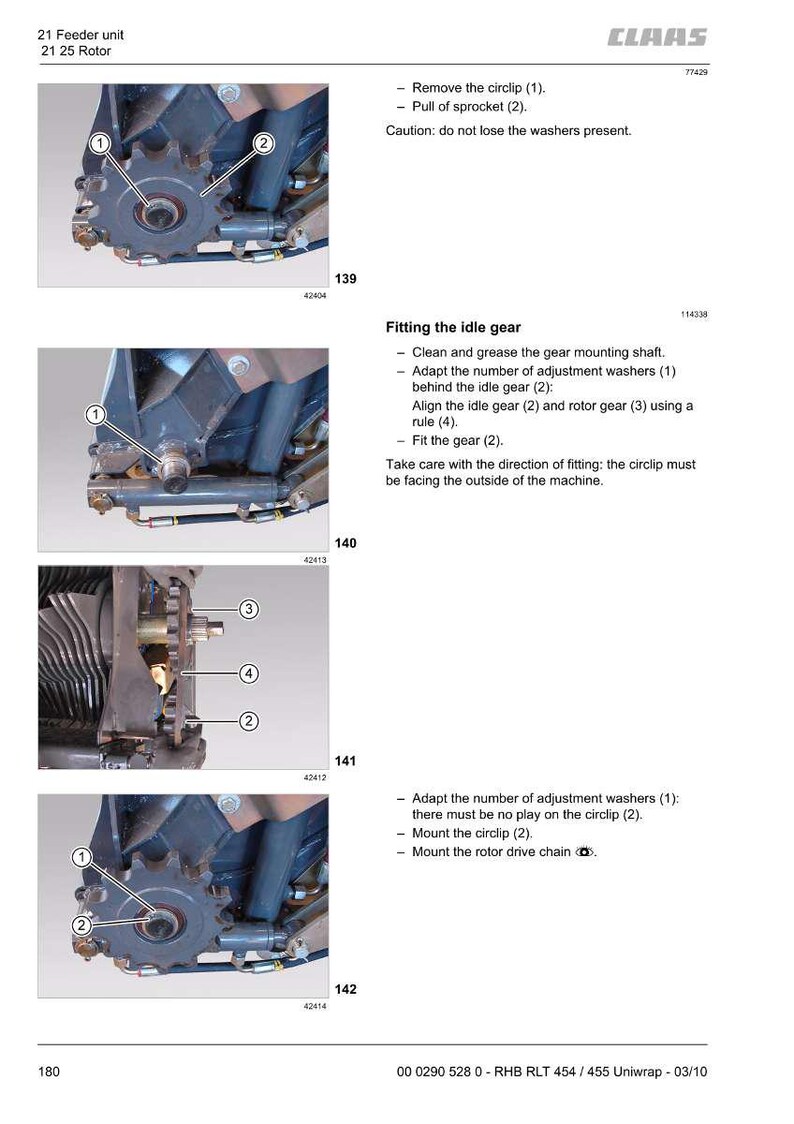 May include: Diagram of a CLAAS 21 Feeder unit and 21 25 Rotor, with detailed instructions for assembly. The image shows close-ups of mechanical components, including gears, circlips, and sprockets. Text provides step-by-step guidance for fitting the idle gear.
